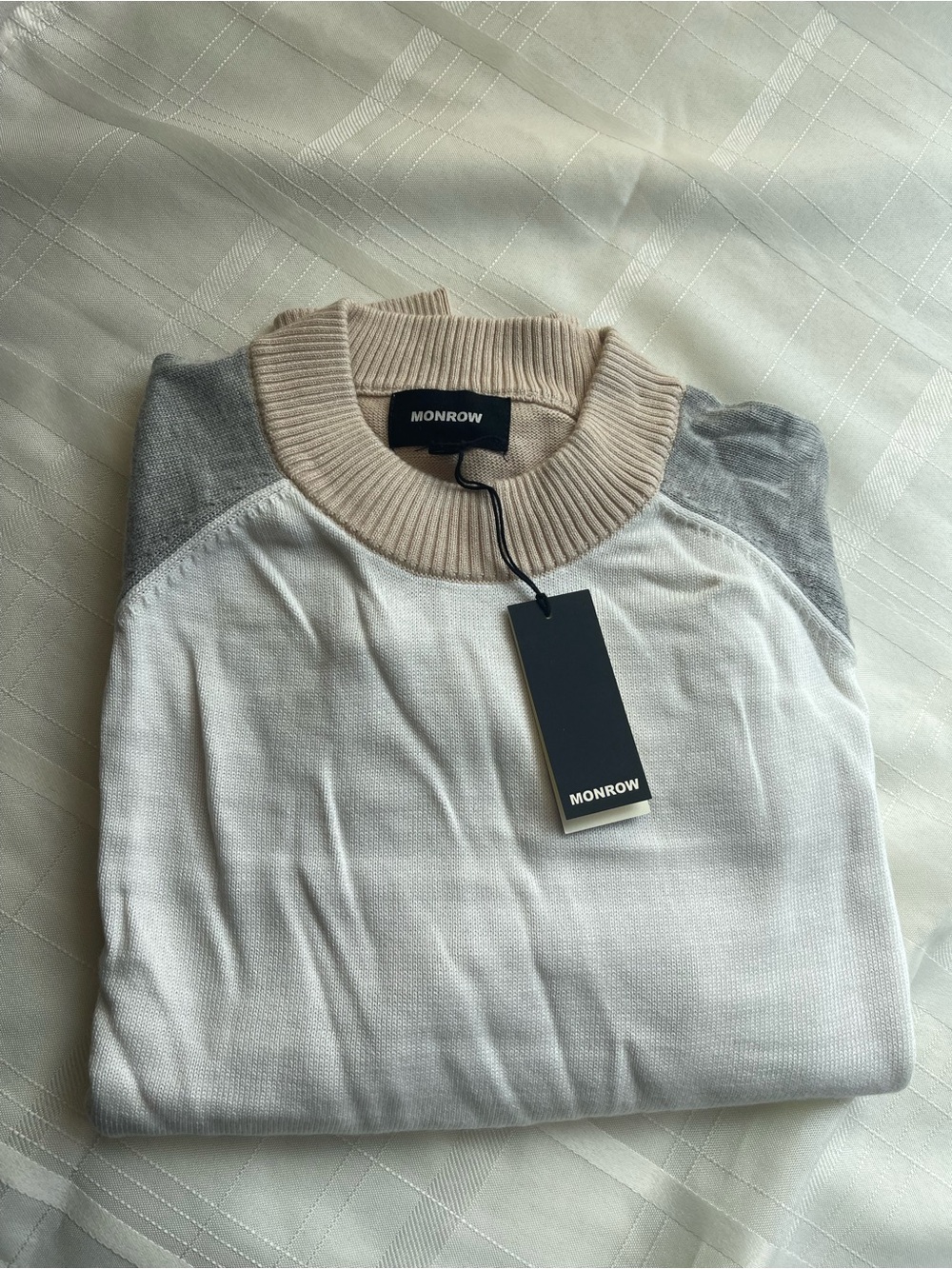 Monrow women’s Colorblock Crewneck Sweater — Cream, Tan & Gray